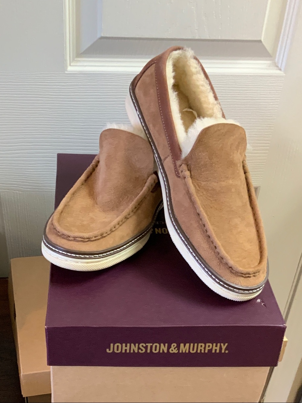 Johnston & Murphy Brown Suede Shearling-Lined Slip-On Loafers. #25-3369